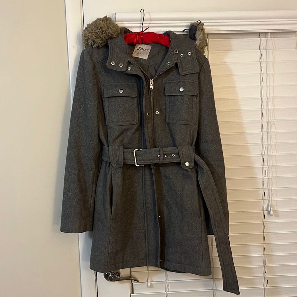 Esprit Hooded Three Quarter Length Gray Coat size Large